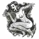 a sexy nude vampire girl on her knees showing fangs tattoo design idea