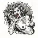 a sexy nude vampire girl on her knees showing fangs tattoo design idea
