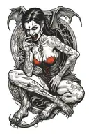 a sexy nude female vampire on her knees showing fangs  tattoo design idea
