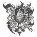 an ancient gothic chalice with fire coming out of the top tattoo design idea