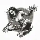 a sexy nude vampire girl on her knees showing fangs tattoo design idea