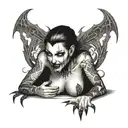 a sexy nude vampire girl on her knees showing fangs tattoo design idea