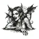 a sexy nude vampire girl on her knees showing fangs tattoo design idea