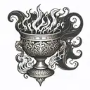 an ancient gothic chalice with fire coming out of the top tattoo design idea