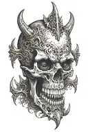 an ancient skull with vampire teeth tattoo design idea