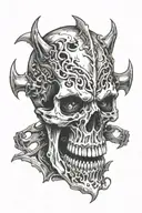 an ancient skull with vampire teeth tattoo design idea