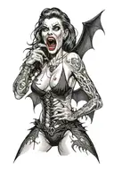 a sexy nude female vampire posing and showing fangs tattoo design idea