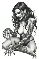 a sexy nude vampire girl on her knees showing fangs tattoo design idea