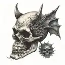 an ancient skull with vampire teeth tattoo design idea
