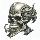 an ancient skull with vampire teeth tattoo design idea