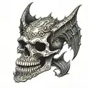 an ancient skull with vampire teeth tattoo design idea