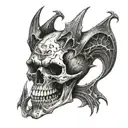 an ancient skull with vampire teeth tattoo design idea