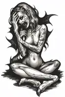 a sexy nude vampire girl on her knees showing fangs tattoo design idea