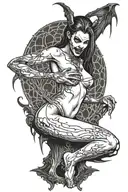 a sexy nude vampire girl on her knees showing fangs tattoo design idea