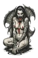 a sexy nude female vampire on her knees showing fangs tattoo design idea
