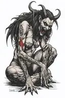 a sexy nude female vampire on her knees showing fangs tattoo design idea