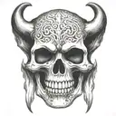 an ancient skull with two vampire fangs tattoo design idea