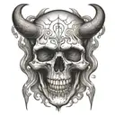 an ancient skull with two vampire fangs tattoo design idea