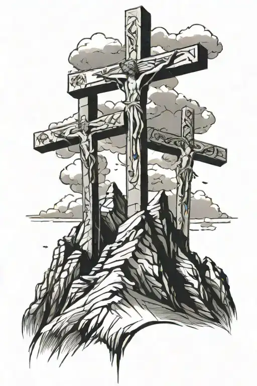 3 crosses with Jesus Christ on mountain peak tattoo design idea