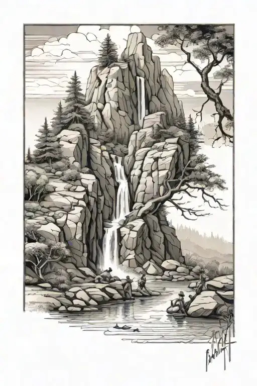 moutain of golgotha transition into creek with father and son fishing tattoo design idea