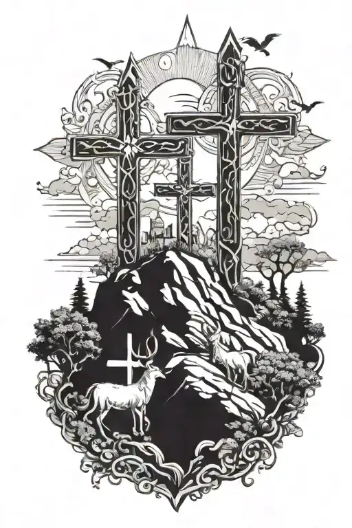 3 crosses with Jesus Christ on mountain with animals   tattoo design idea