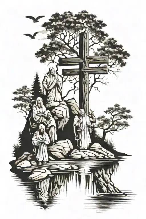 3 crosses with Jesus Christ on mountain above creek with father and son fishing tattoo design idea