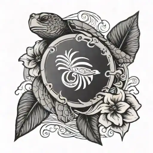 Guam flag with flowers,  a turtle and waves crashing tattoo design idea