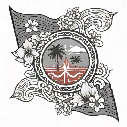 Guam flag with flowers and waves surrounding the flag tattoo design idea