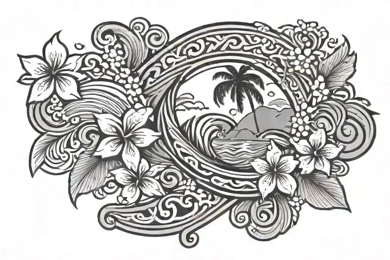 Guam flag island with flowers and waves flowing tattoo design idea