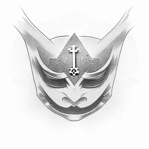 japanese mask with a christian cross, money and love tattoo design idea