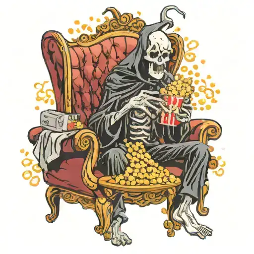 anime grim reaper sitting on a couch eatting popcorn watching a TV as freddy kruger, jason, and pinhead coming out tv tattoo design idea