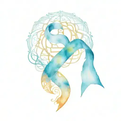 ribbon outline with mandala pattern mixed light blue watercolor behind no frame masculine prostate cancer tattoo design idea