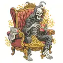 anime grim reaper sitting on a couch eatting popcorn watching a TV as freddy kruger, jason, and pinhead coming out tv tattoo design idea