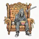 anime grim reaper sitting on a couch eatting popcorn watching a TV as freddy kruger, jason, and pinhead coming out tv tattoo design idea