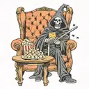 anime grim reaper sitting on a couch eatting popcorn watching a TV as freddy kruger, jason, and pinhead coming out tv tattoo design idea