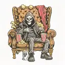 anime grim reaper sitting on a couch eatting popcorn watching a TV as freddy kruger, jason, and pinhead coming out tv tattoo design idea