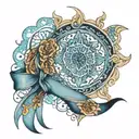 ribbon outline with mandala pattern mixed light blue watercolor behind no frame masculine prostate cancer tattoo design idea
