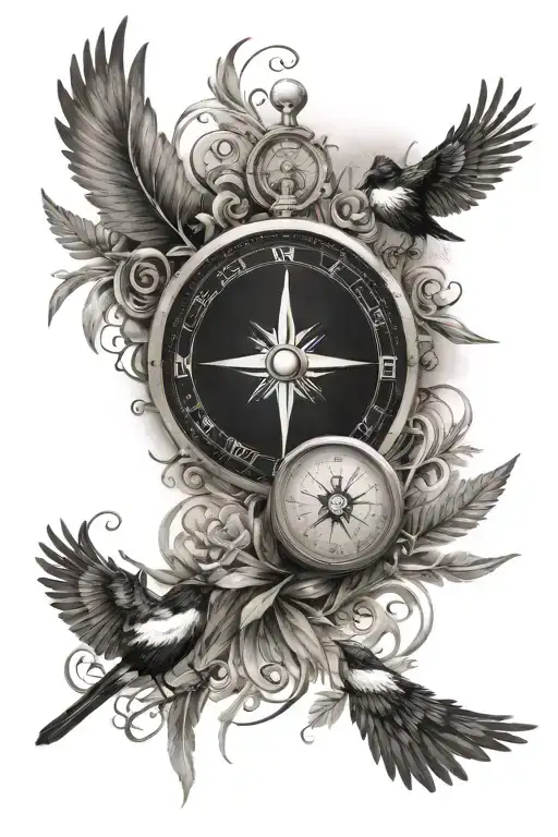 compass surrounded by two sets of Roman numerals a magpie and music note tattoo design idea