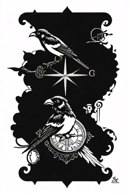 compass and a clock with a magpie perched tattoo design idea
