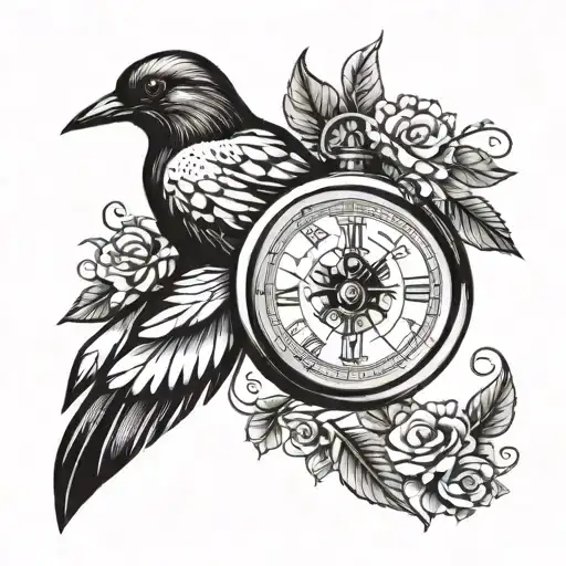 pocket watch and a compass surrounded by two sets of Roman numeral dates a magpie and sheet music  tattoo design idea