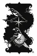 compass and a clock with a magpie perched tattoo design idea