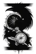 compass and a clock with a magpie perched tattoo design idea