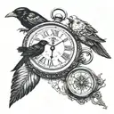 pocket watch and a compass surrounded by two sets of Roman numeral dates a magpie and sheet music  tattoo design idea