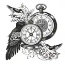 pocket watch and a compass surrounded by two sets of Roman numeral dates a magpie and sheet music  tattoo design idea
