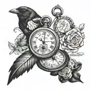 pocket watch and a compass surrounded by two sets of Roman numeral dates a magpie and sheet music  tattoo design idea