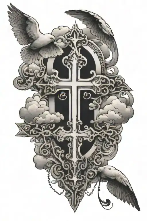 Crosses, dove and clouds tattoo design idea