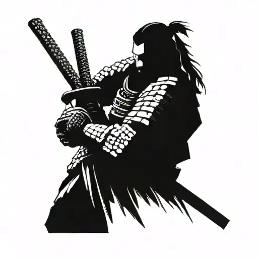 A cyberpunk-inspired samurai warrior with a pixelated sword tattoo design idea