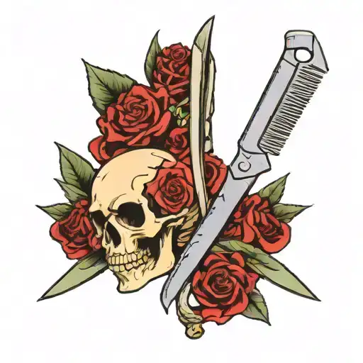 hairdressing scissors with blood and a skull with blood and dark background behind tattoo design idea