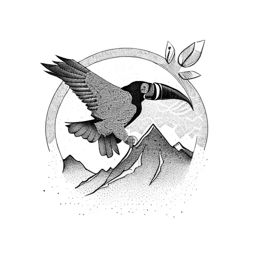 A blackwork tattoo of a mountain summit with a toucan perched on top, symbolizing the client's adventurous spirit and love for nature tattoo design idea