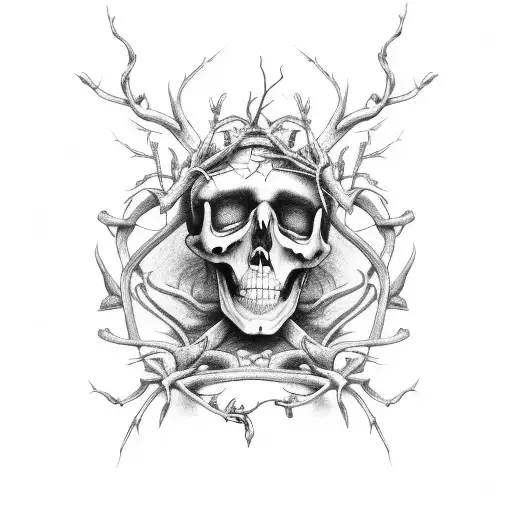 decaying Skeleton arm and hand, wrapped in thorns and vines, moths on top tattoo design idea